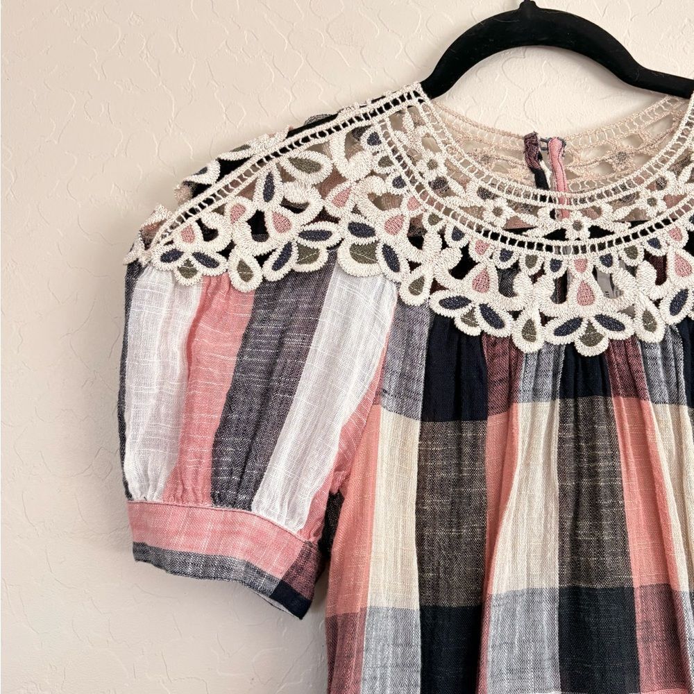 Anthropologie Plaid Boho Crochet Embroidered Swing Blouse Cottage Prairie XS - Picture 4 of 10